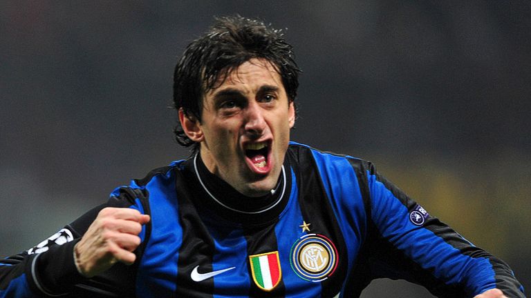 Argentinian striker Diego Milito celebrates putting Inter ahead at the San Siro