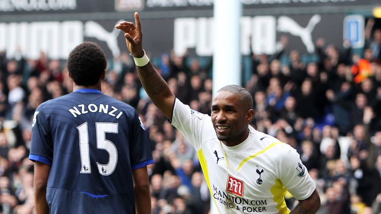 Tottenham striker Jermain Defoe celebrates opening the scoring against Blackburn on the stroke of half-time at White Hart Lane