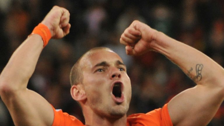 Wesley Sneijder celebrates as Holland reach the final.
