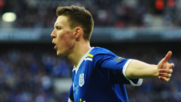 Joe Mason celebrates scoring the opening goal at Wembley.