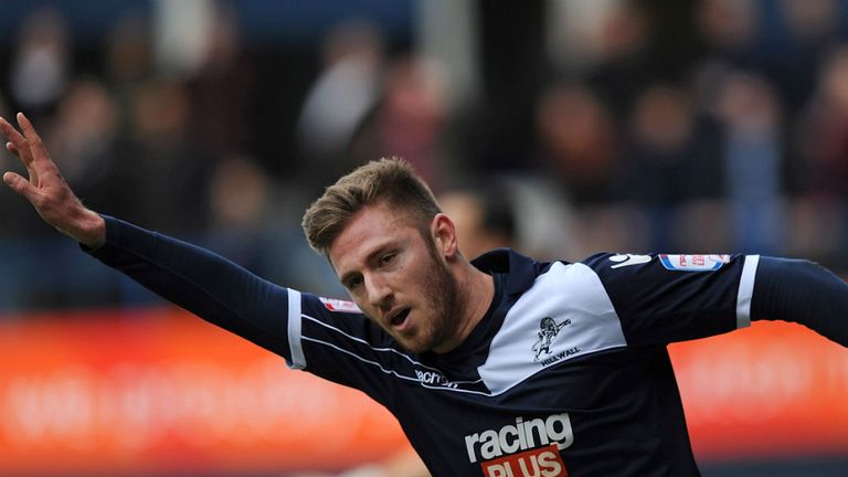 Millwall man celebrates his opening goal against Luton in the FA Cup