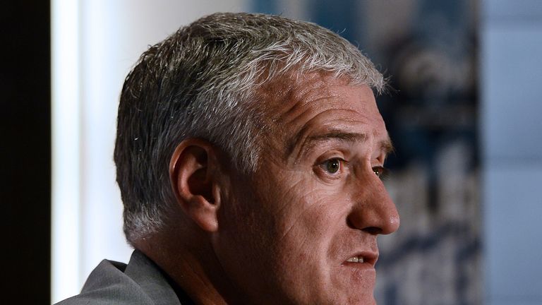 France head coach Didier Deschamps talks during a press conference to announce the squad for the World Cup 2014 qualifying football matches against Georgia and Spain 