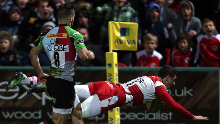 Jonny May: Dives in to score for Gloucester