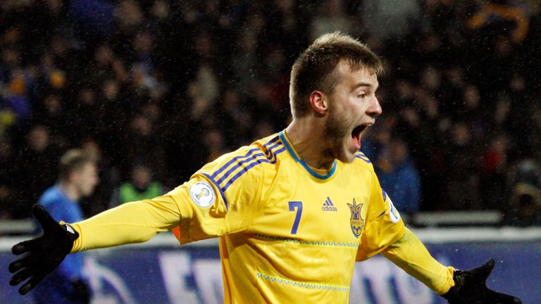 Andriy Yarmolenko opens the scoring in Ukraine's 2-1 win over Moldova.