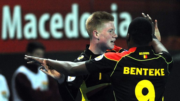 Belgium midfielder Kevin De Bruyne celebrates after scoring against Macedonia 