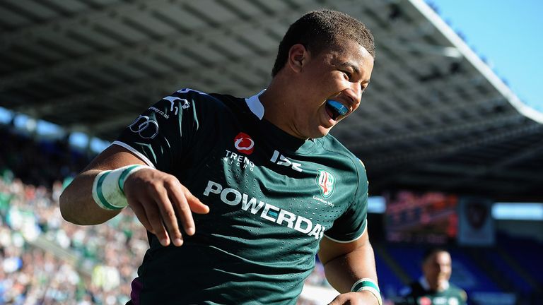 London Irish centre Guy Armitage celebrates after scoring his second try in the win over London Welsh