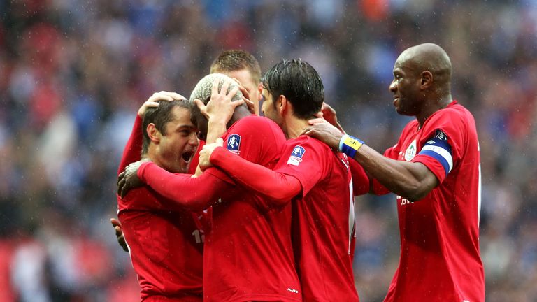 Shaun Maloney of Wigan Athletic  celebrates scoring the opening goal with team mates during the FA Cup with Budweiser Semi Final match between Millwall and Wigan Athletic at Wembley Stadium