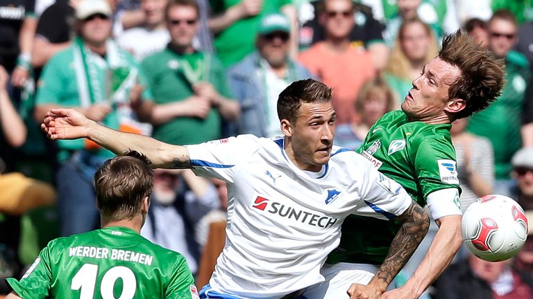 Clemens Fritz of Bremen and Fabian Johnson of Hoffenheim 