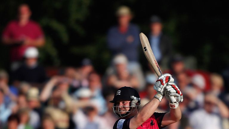 Paul Stirling of Middlesex hits out during the Friends Life T20 match between Kent and Middlesex at the St. Lawrence Ground on June 26, 2012