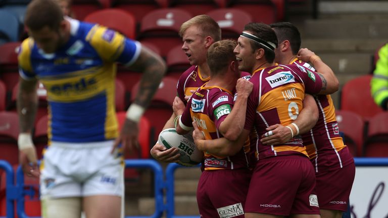 Huddersfield Giants Aaron Murphy celebrates a try during the Super League match against Leeds Rhinos