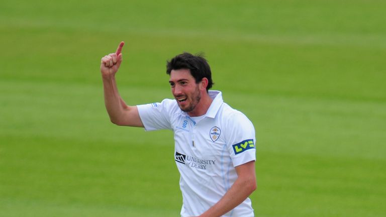 Derbyshire bowler Mark Footitt celebrates after taking a wicket during the LV= County Championship match against Durham at Chester-le-Street