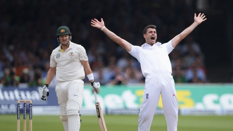 James Anderson of England celebrates the wicket of Shane Watson of Australia during day four of the 2nd Investec Ashes Test match between England and Australia at Lord's Cricket Ground on July 21, 2013 in London, England
