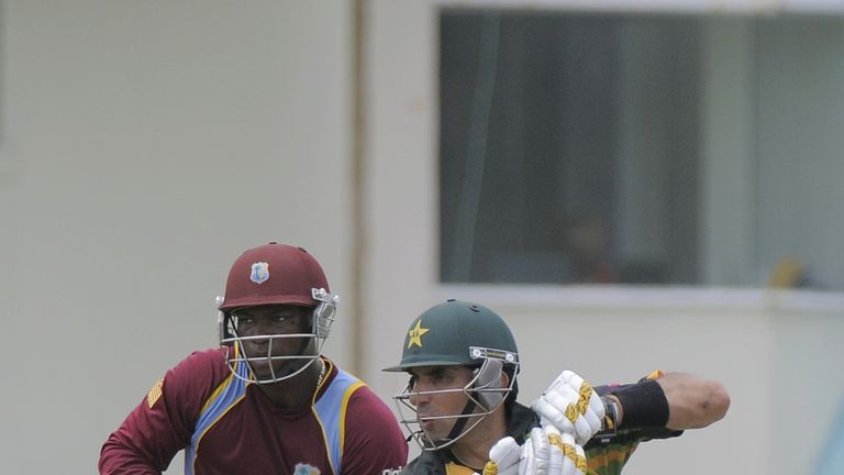 Pakistan batsman Misbah-ul-Haq drives on his way to a half century during the third ODI against West Indies