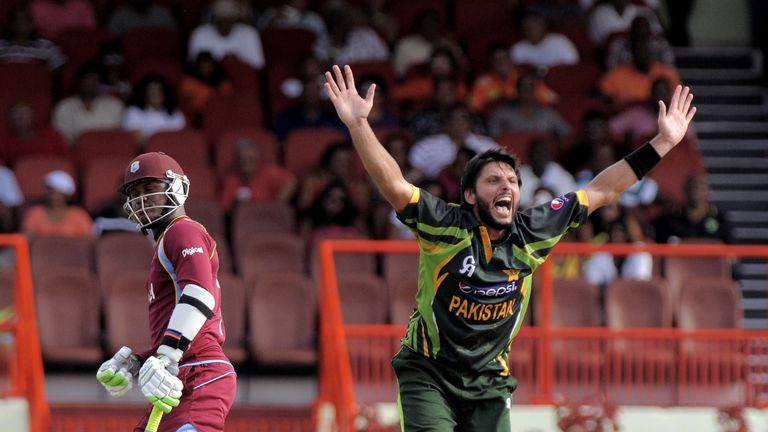 Pakistan bowler Shahid Afridi successfully appeals for lbw against West Indies batsman Marlon Samuels during the 1st ODI West Indies v Pakistan at Guyana National Stadium on July 14, 2013. Pakistan crushed West Indies by 126 runs in the first one-day international