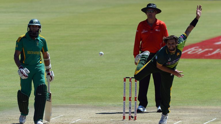 Shahid Afridi of Pakistan bowls I during the first one-day international between South Africa and Pakistan