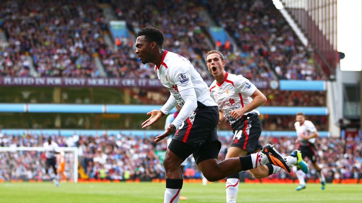 Daniel Sturridge of Liverpool celebrates after scoring the opening goal during the Barclays Premier League match between Aston Villa and Liverpool at Villa Park on August 24, 2013 in Birmingham, England.