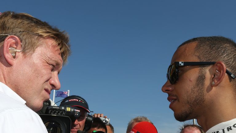 Race winner Lewis Hamilton Mercedes talks with Simon Lazenby 