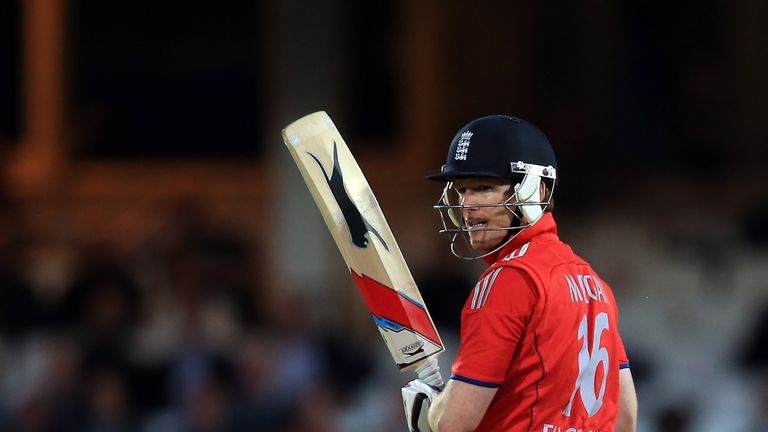 Eoin Morgan of England looks back as he is caught out by Ross Taylor of New Zealand during the first Twenty20 International at the Oval
