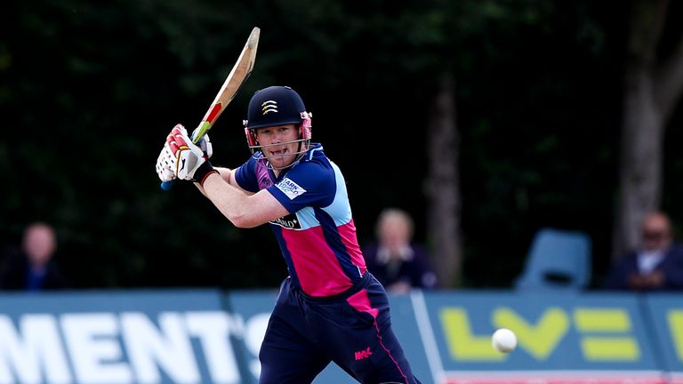  Eoin Morgan of Middlesex hits out during The Clydesdale Bank Pro40 game against Worcestershire in 2012