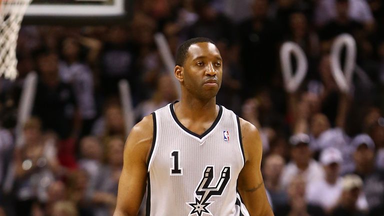 Tracy McGrady  of the San Antonio Spurs looks on during Game One of the Western Conference Finals