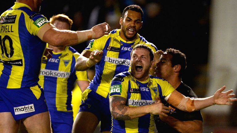 - Grix of Warrington celebrates scoring his try durng the Super League Qualifying Semi Final between Warrington Wolves and Huddersfield Giants