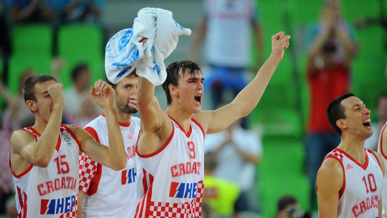 Dario Saric of Croatia (C) and his teammates celebrate their victory after the FIBA Eurobasket quarter-final against Ukraine