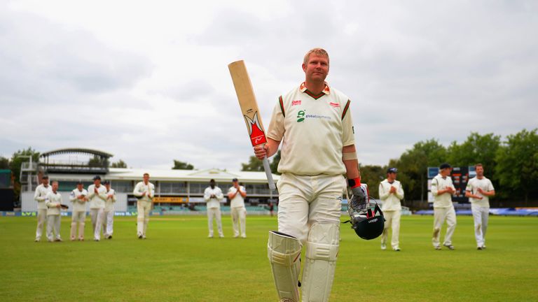 Matthew Hoggard of Leicestershire leaves the field of play after his last game before retirement during day four of the LV County Championship division Two match between Leicestershire and Hampshire at Grace Road on September 20, 2013 in Leicester, England