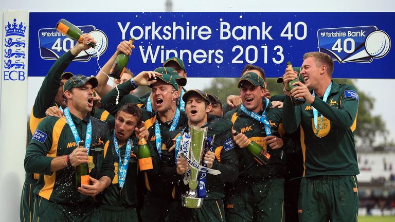 Nottinghamshire celebrate with the trophy after securing victory in the Yorkshire Bank 40 final at Lord's