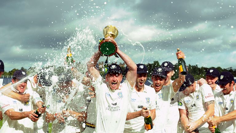 Durham captain Paul Collingwood celebrates with the team during the LV= County Championship,Division One match at the Emirates Durham ICG, Chester-Le-Street.