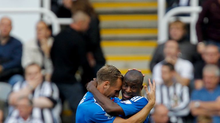 Hull City Sone Aluko celebrates scoring his sides third goal at the Barclays Premier League match at St James' Park, Newcastle.