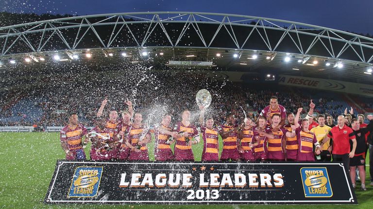 Huddersfield Giants celebrate with the League winners shield after the Super League match at the John Smith's Stadium, Huddersfield.