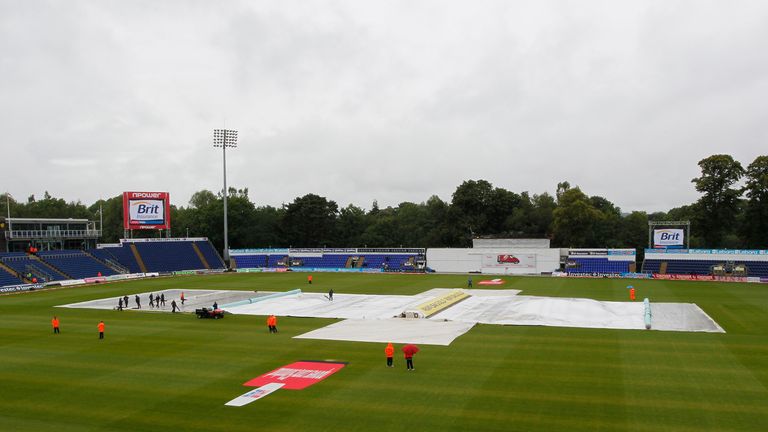 A rain delay during Day 5 of the 1st Test match between England and Sri Lanka at Swalec Stadium in 2011n