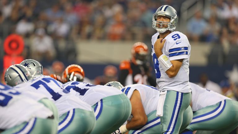 Tony Romo of the Dallas Cowboys during a pre-season game at AT&T Stadium