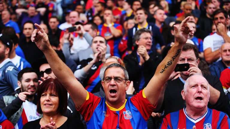 Crystal Palace fans support their team during the Barclays Premier League match between Crystal Palace and Swansea City