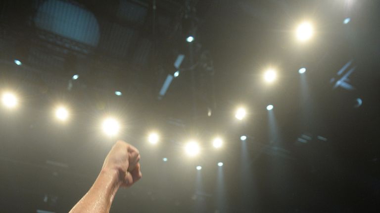 Ukrainian World heavyweight boxing champion Wladimir Klitschko celebrates victory