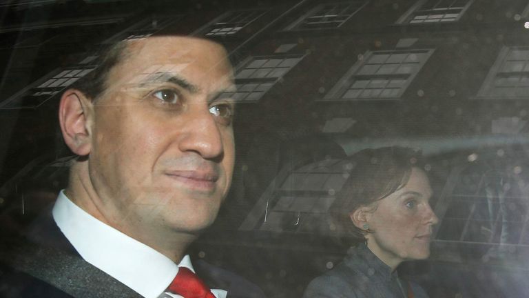 Britain's opposition Labour Party leader Ed Miliband is driven away from his party's headquarters in London.