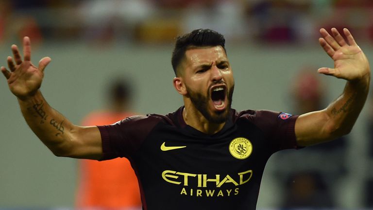 Manchester City's Argentinian striker Sergio Aguero celebrates scoring a goal during the UEFA Champions league first leg play-off football match between St