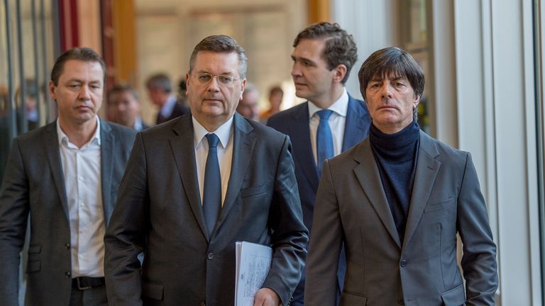FRANKFURT AM MAIN, GERMANY - OCTOBER 31: DFB President Reinhard Grindel and head coach of the German national soccer team Joachim Low at the DFB headquarte