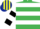 Silk - Emerald GREEN and WHITE HOOPS, white and black hooped sleeves, yellow and dark blue striped cap