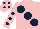 Silk - Pink, large dark blue spots, dark blue spots on sleeves, pink cap, dark blue spots