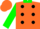 Silk - Dayglo orange, black spots, dayglo green collar and sleeves, dayglo orange cap