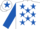 Silk - White, royal blue stars, royal blue sleeves, royal blue star on cap