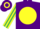 Silk - Purple, yellow disc, yellow & emerald green striped sleeves, purple & yellow hooped cap