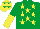 Silk - Emerald green, yellow stars, emerald green and yellow halved sleeves, yellow cap, emerald green stars