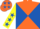 Silk - Orange and royal blue diabolo, yellow sleeves, royal blue stars, yellow cap, royal blue stars