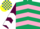 Silk - Dark green & pink chevrons, maroon sleeves, white chevrons, yellow & royal blue check cap