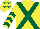 Silk - Yellow body, dark green cross sashes, yellow arms, dark green chevrons, yellow cap, dark green stars