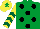 Silk - Emerald green, black spots, yellow and dark green chevrons on sleeves, yellow cap, emerald green star