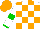 Silk - White, orange blocks, green band and cuffs on white sleeves, orange cap