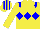 Silk - yellow, blue triple diamonds, blue epaulettes, striped cap